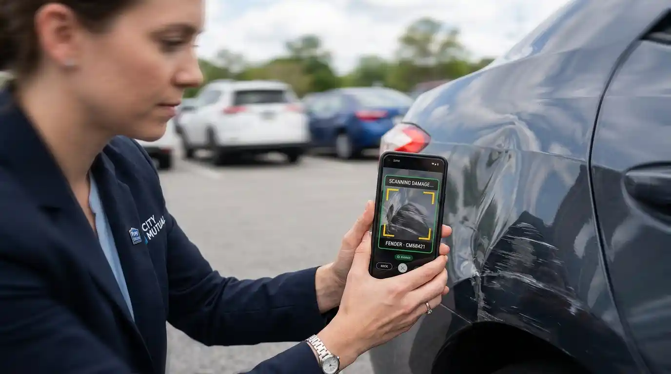 Insurance agent photographing a damaged car to submit a claim via insurance mobile app development platform