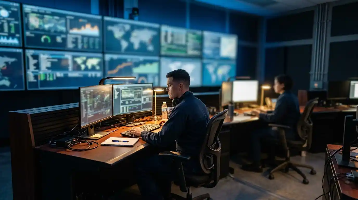 Analysts in command center using C4ISR interfaces built through military software development
