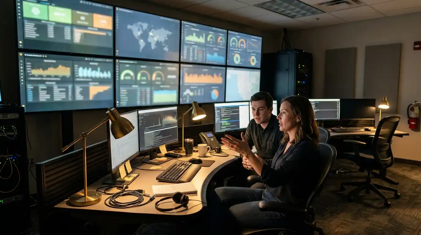 Security analysts monitoring dashboards provided through comprehensive cyber resilience services