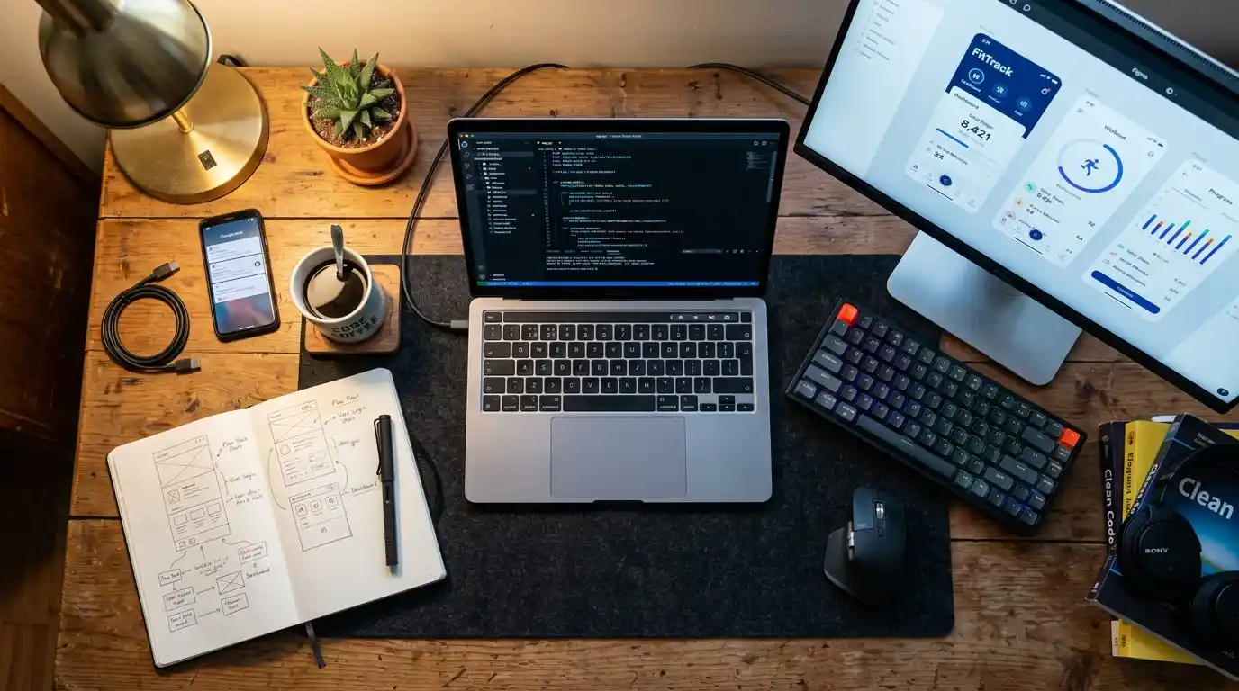 Developer desk with code editor demonstrating backend frameworks for insurance mobile app development