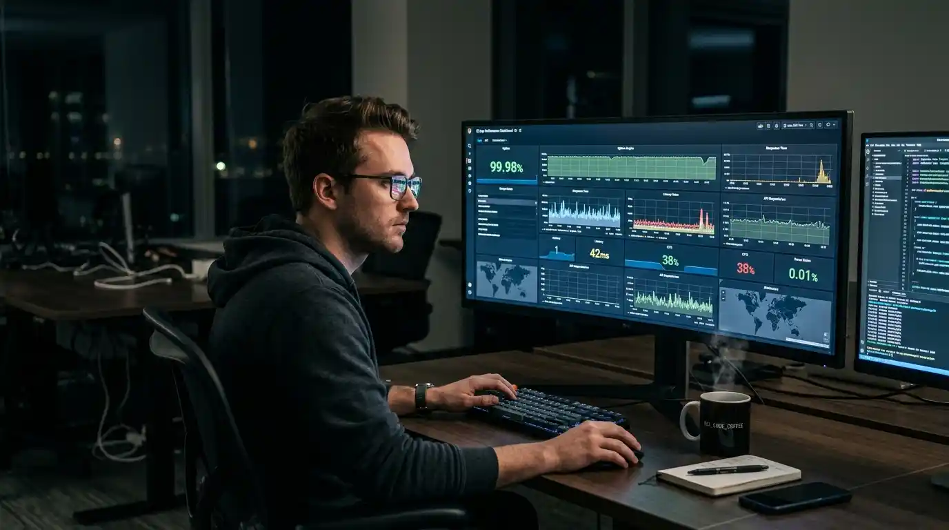 Developer monitoring app performance logs as part of continuous support for insurance mobile app development