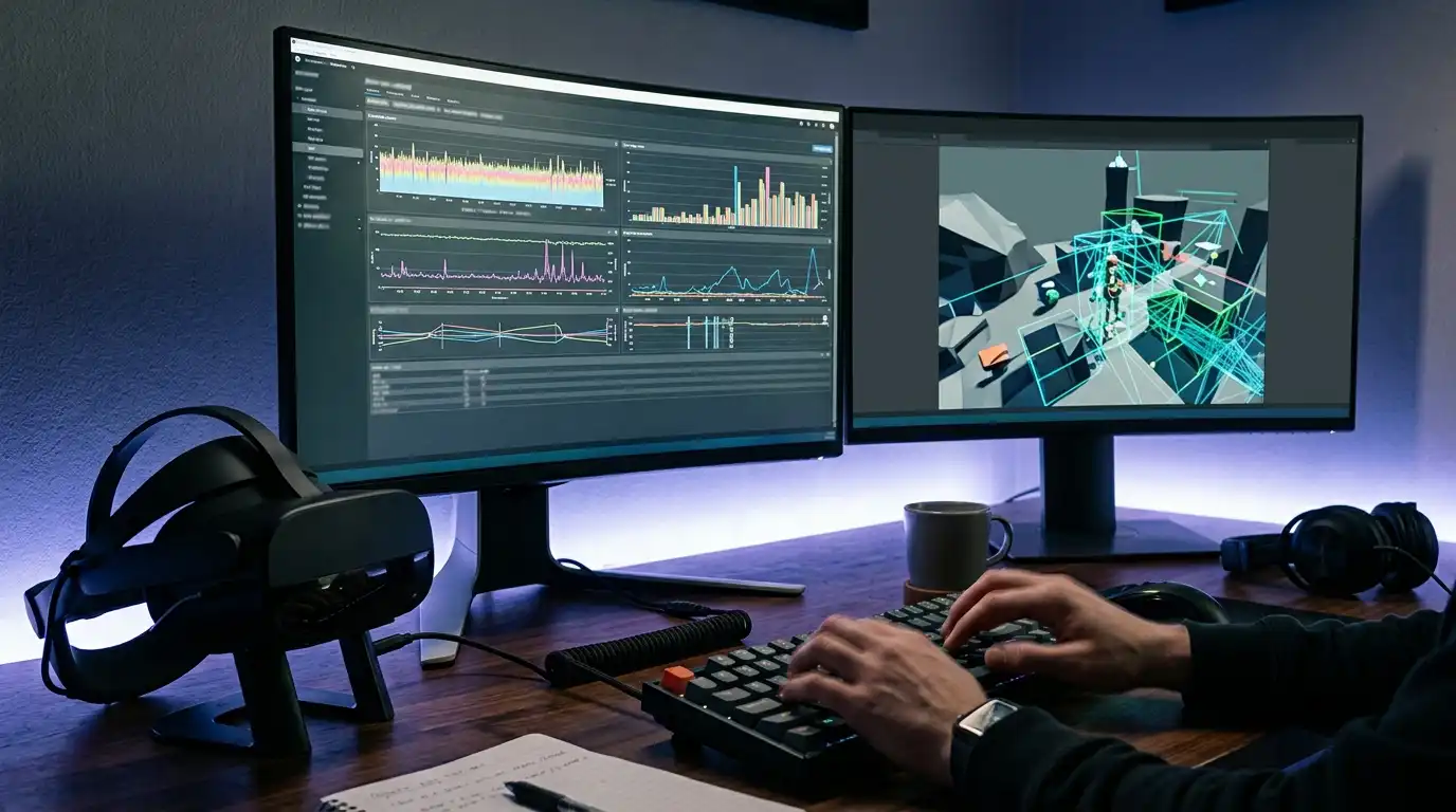 Developer workstation showing VR testing and frame rate profiling tools