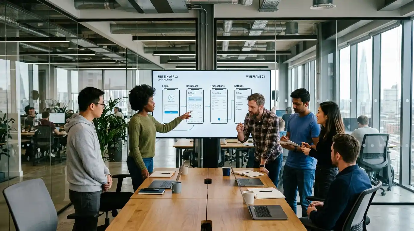 Diverse engineering team collaborating on insurance mobile app development database and API structure