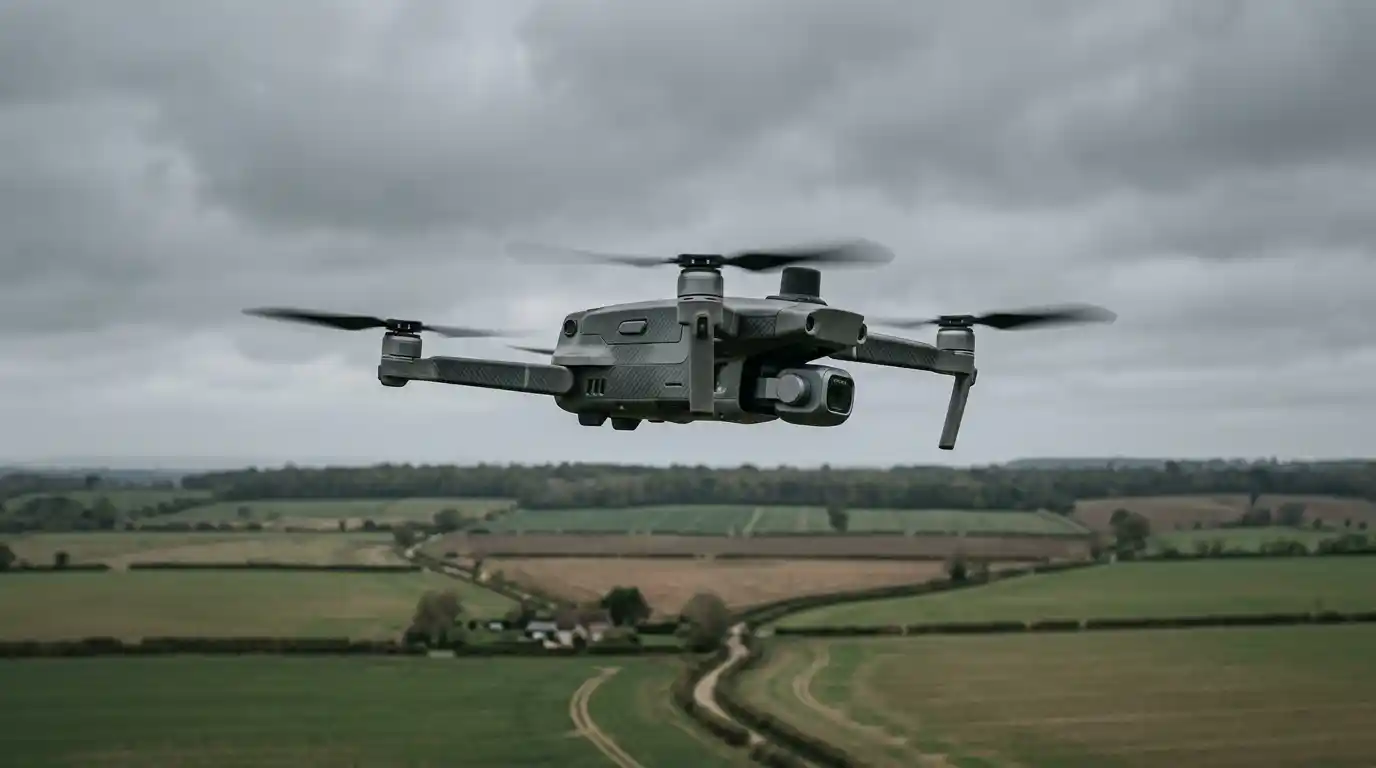 Drone in flight over landscape controlled by advanced military software development algorithms
