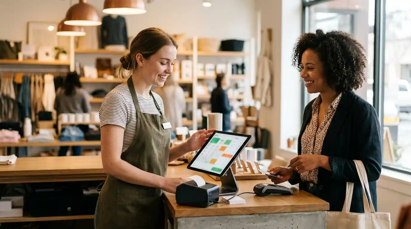 Employee using a custom POS system engineered via our retail software development services