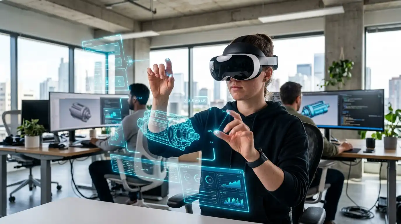 Engineer interacting with holographic display during AR/VR development