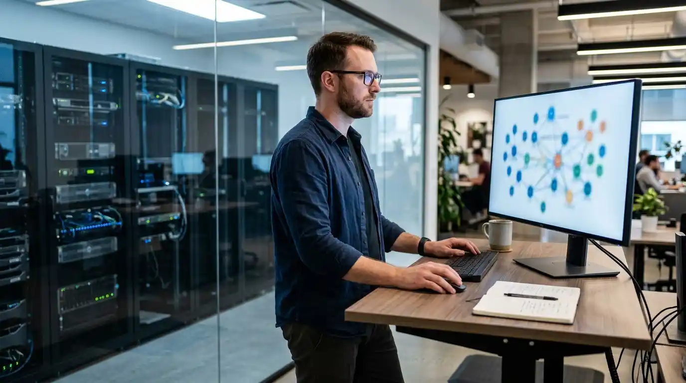 Engineer reviewing network diagram for robust cyber resilience services