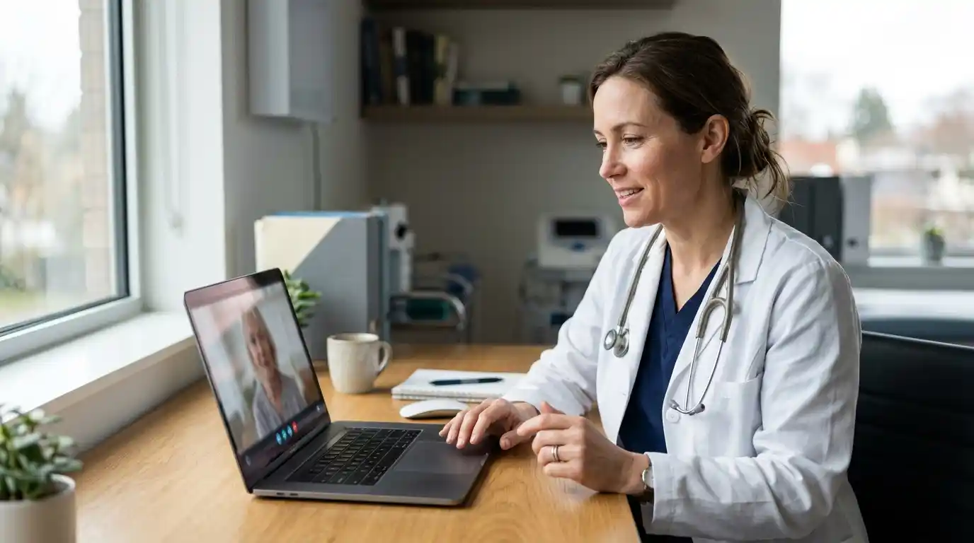 Female doctor during a video consultation powered by custom healthcare software development