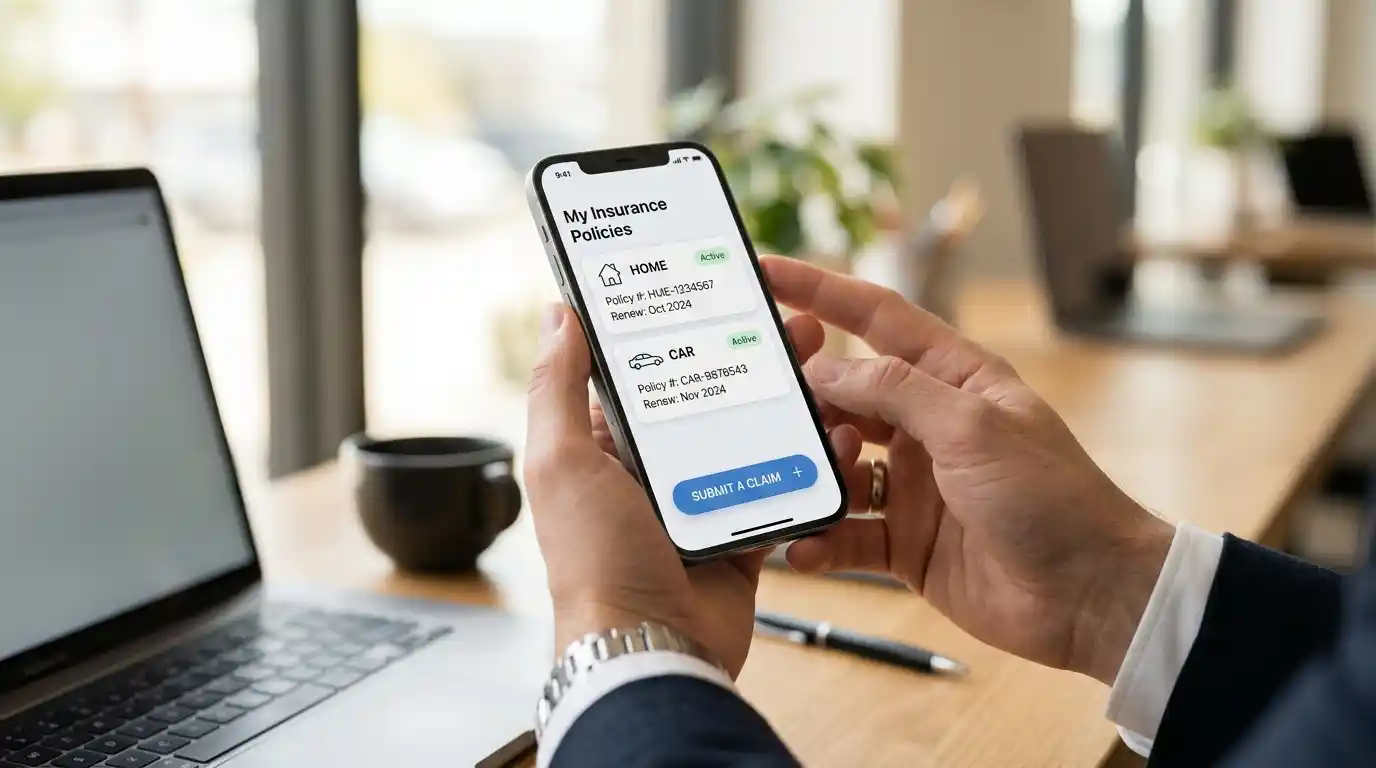 Financial professional holding a smartphone displaying insurance mobile app development dashboard