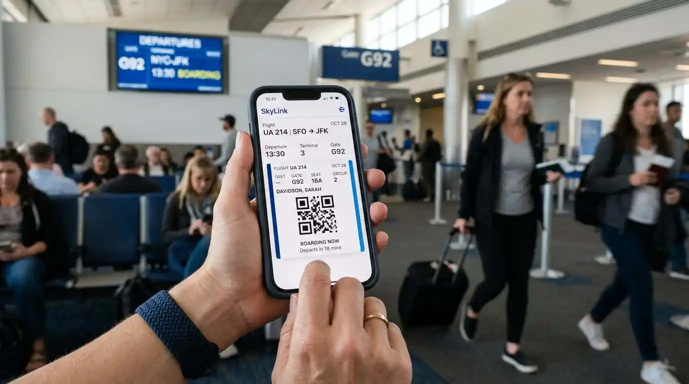 Travel mobile app development showing a user holding a smartphone with a boarding pass at the airport