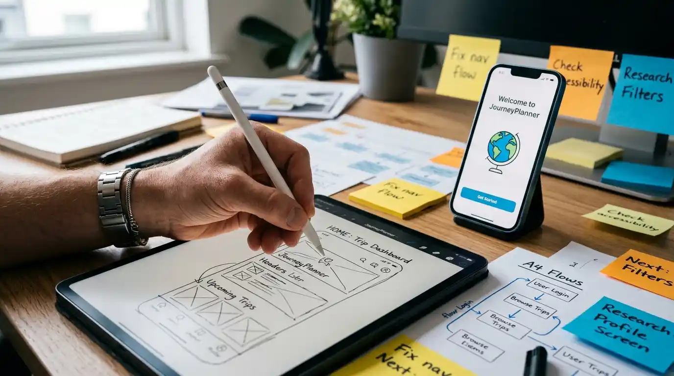 UX designer hands sketching wireframes during design phase of insurance mobile app development