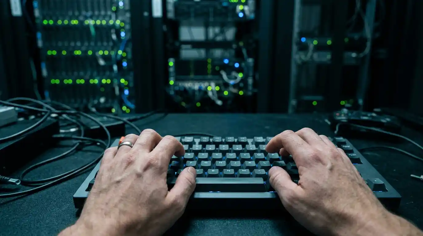 Hands typing on keyboard writing encrypted protocols for military software development