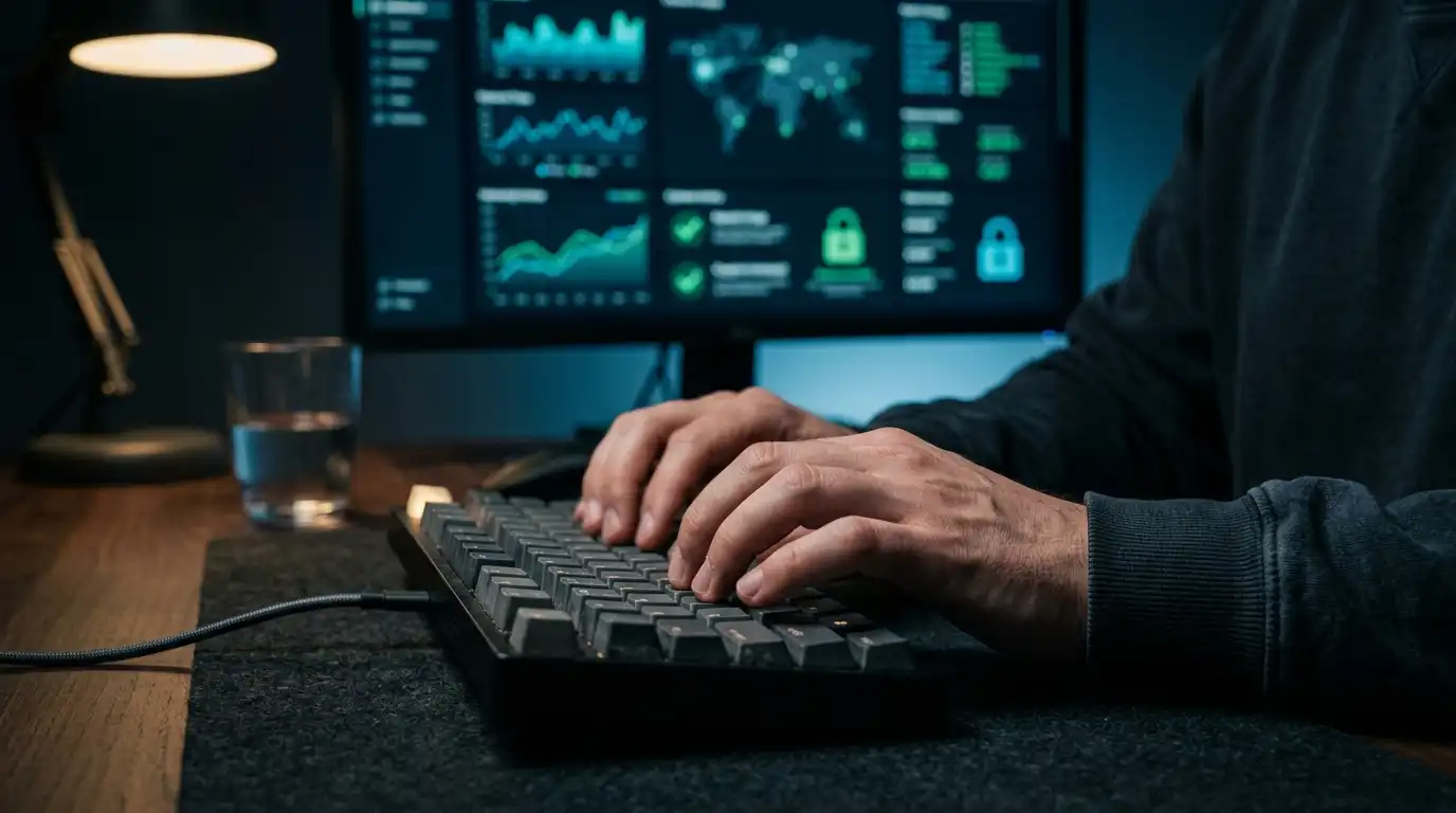 Hands typing on mechanical keyboard doing code security review and optimization