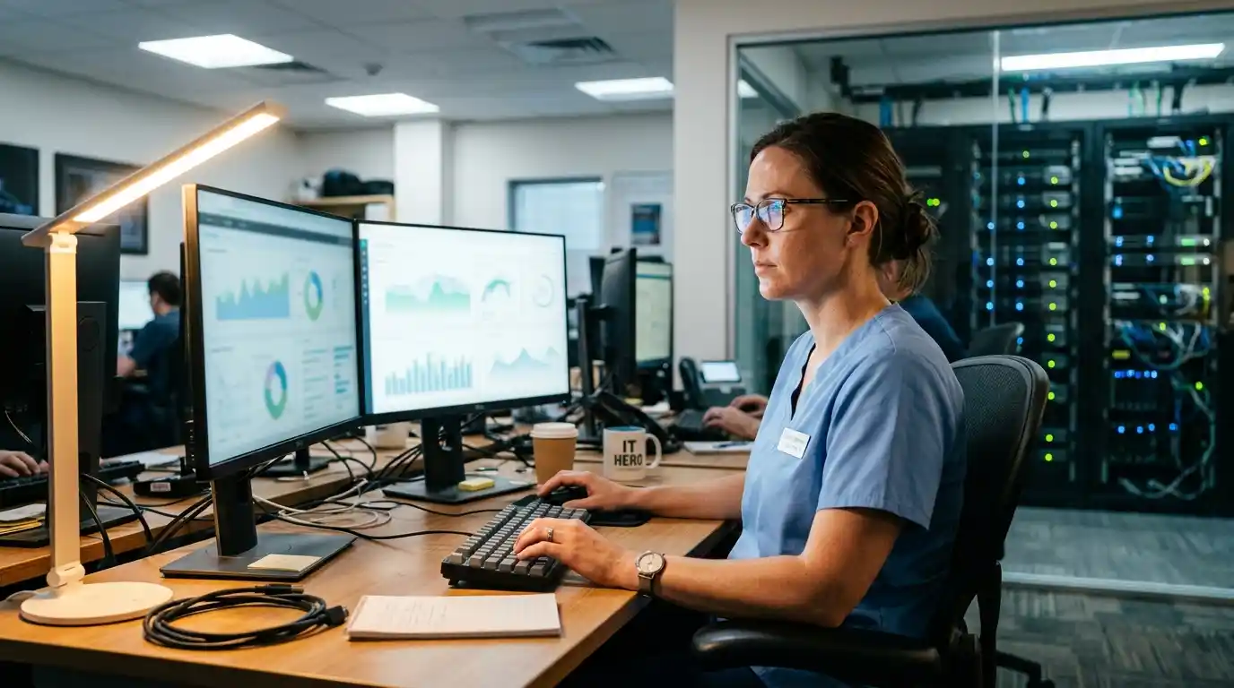 IT administrator managing databases built through healthcare software development for secure EHRs