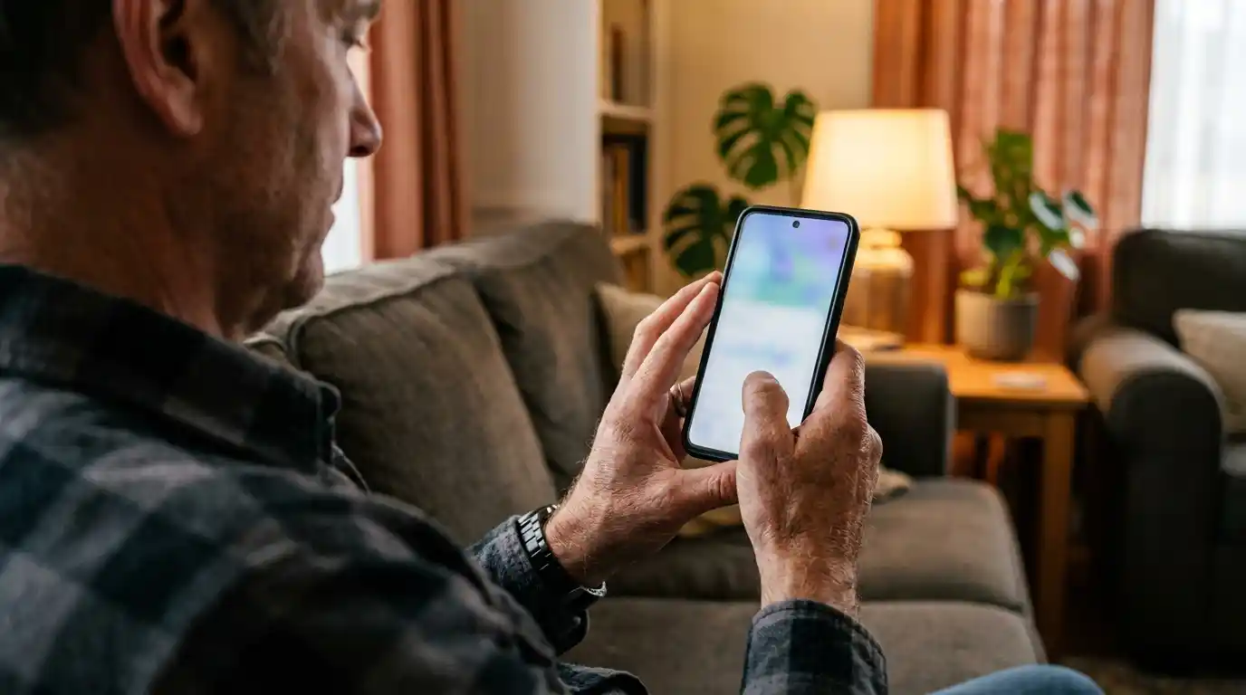 Man holding smartphone at home using an app built through healthcare software development