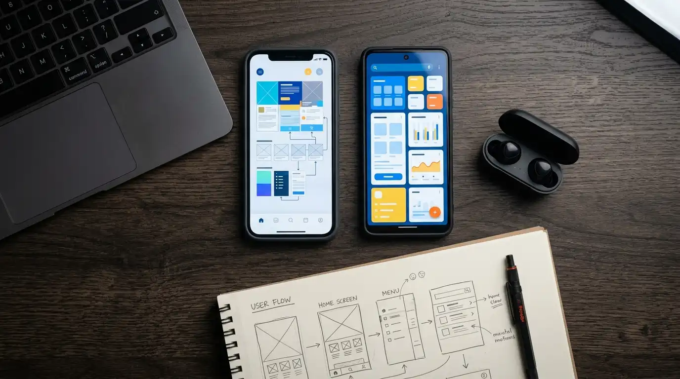 Mobile devices and notebook on desk representing responsive multi-device design testing