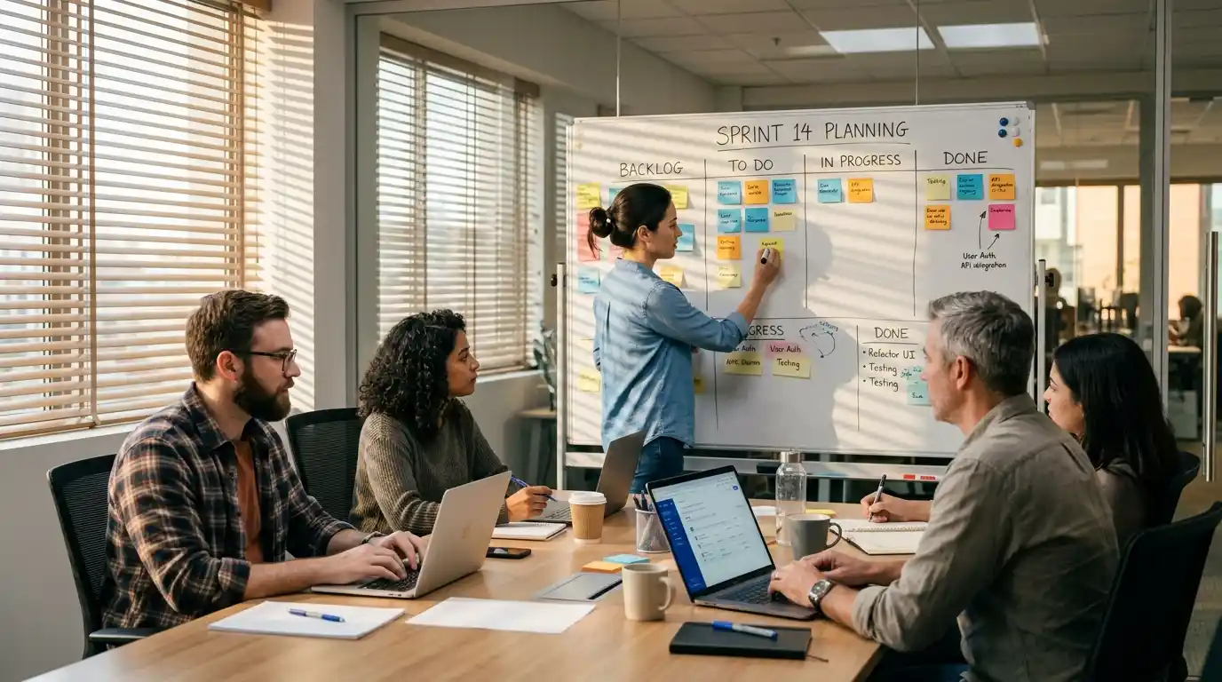 Project engineering team in sprint planning session for custom insurance mobile app development lifecycle
