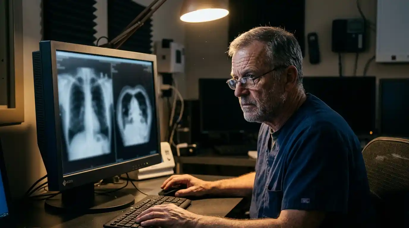 Radiologist reviewing medical scans using AI tools created through healthcare software development