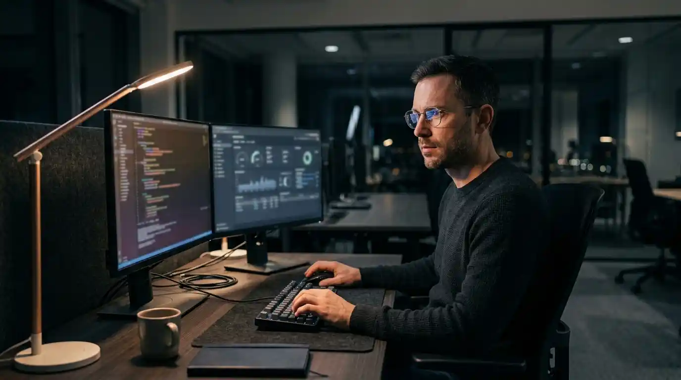 Software engineer working late on secure military software development architecture