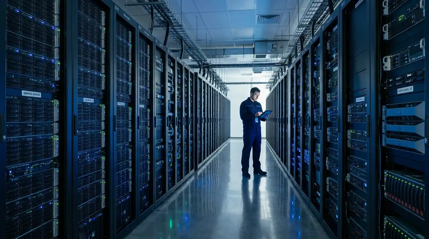 Security technician checking tablet in data center to ensure secure servers for insurance mobile app development
