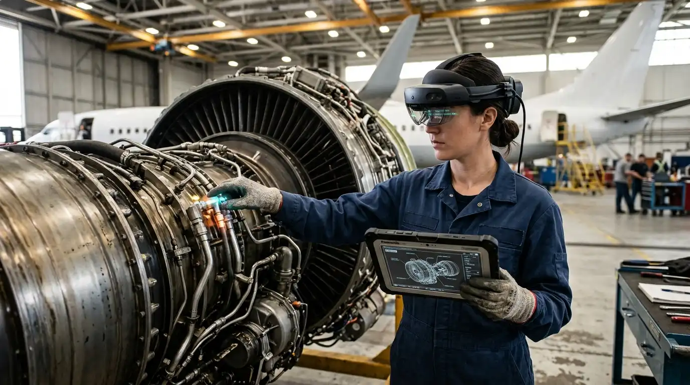Technician using AR headset on assembly line to access real-time guidance overlays