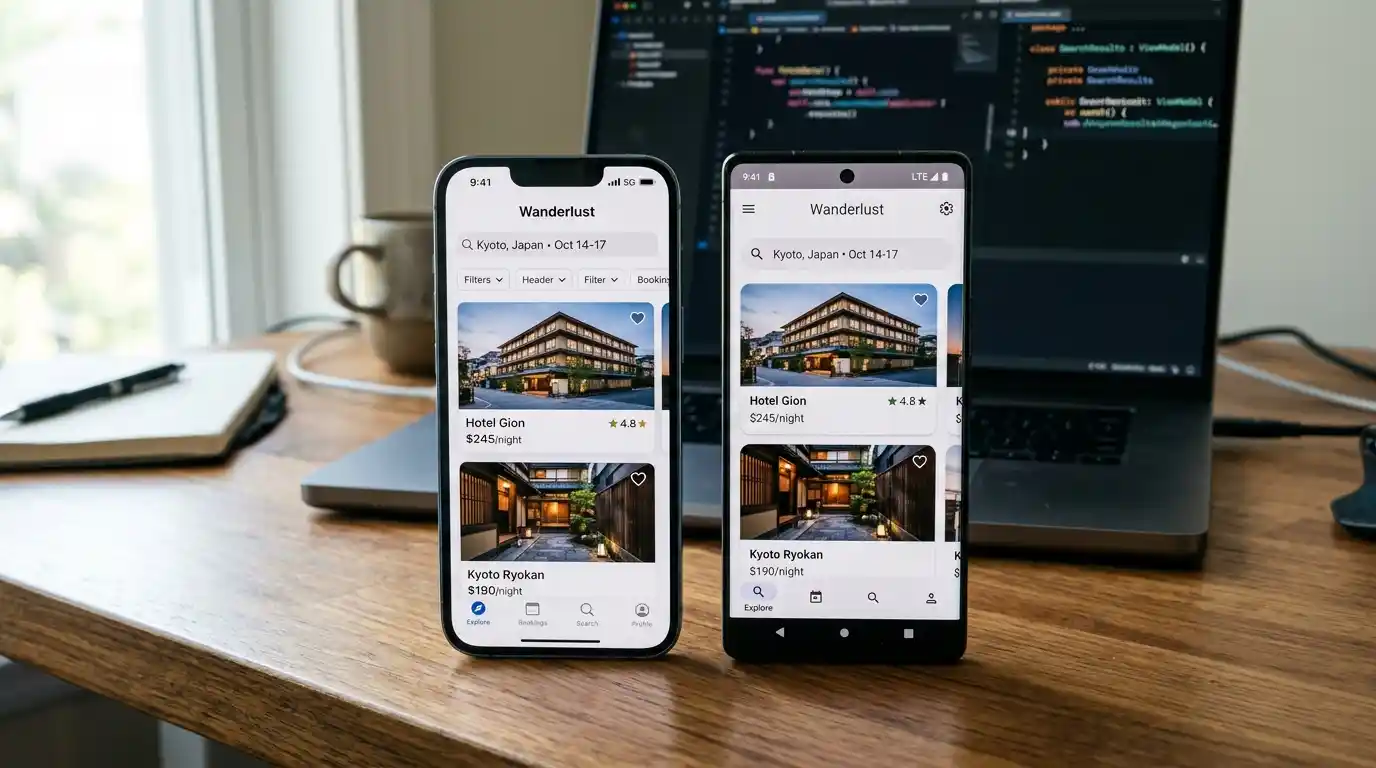 Two smartphones displaying travel apps, representing cross-platform mobile app development for iOS and Android