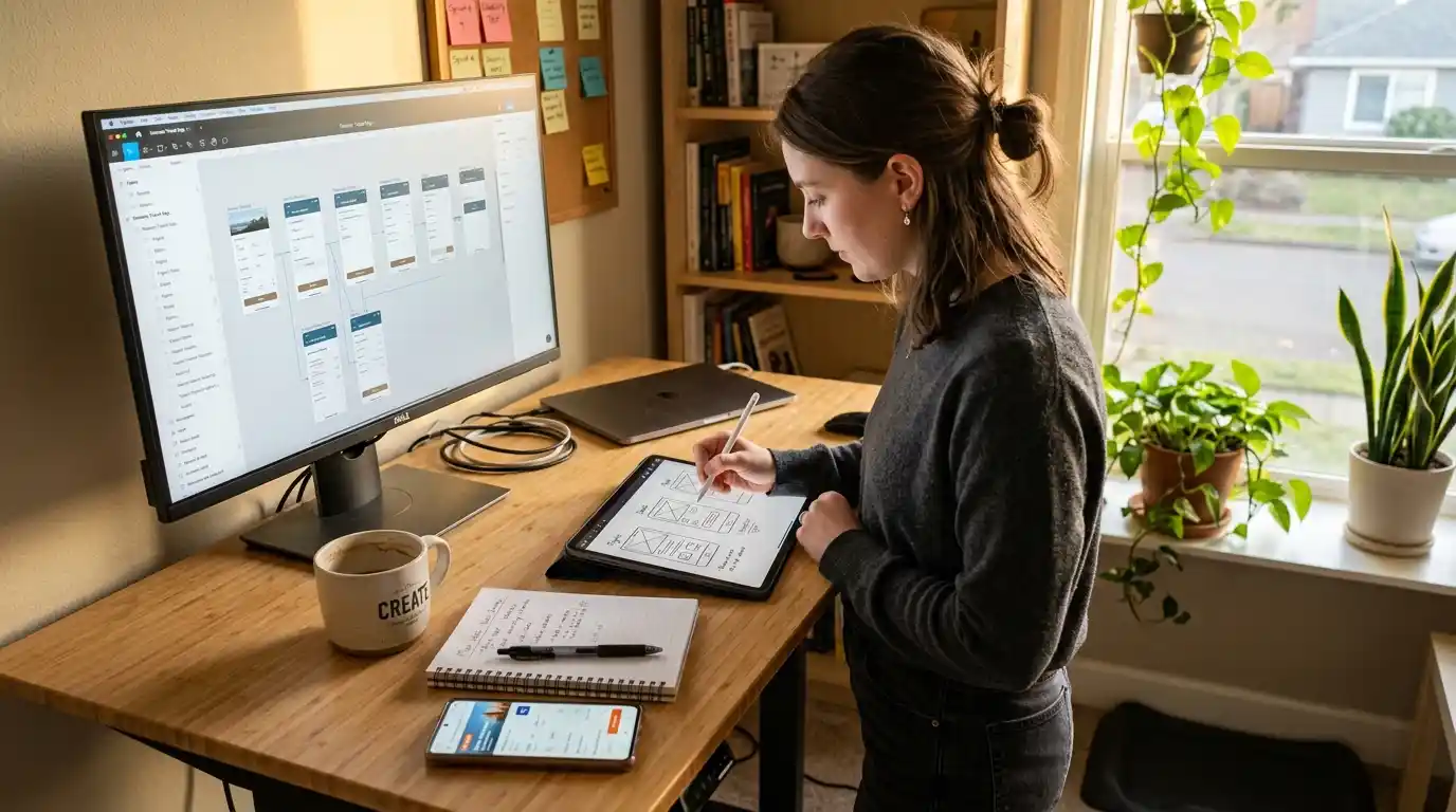 UX designer sketching wireframes for a travel project, showcasing mobile app development interface design