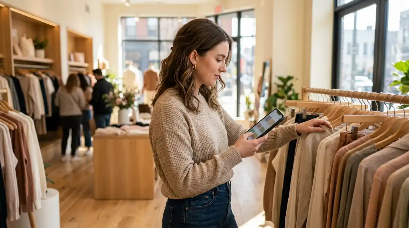 Woman browsing a smart clothing rack powered by modern retail software development