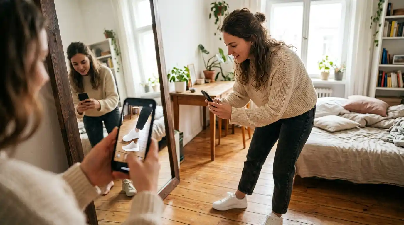 Woman using augmented reality mobile shopping app built with specialized retail software development