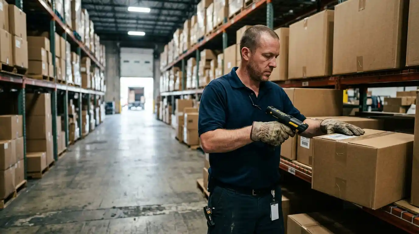 Warehouse worker scanning a barcode connected to our retail software development platform
