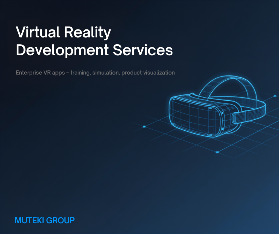Virtual reality development services – wireframe VR headset illustration, Muteki Group
